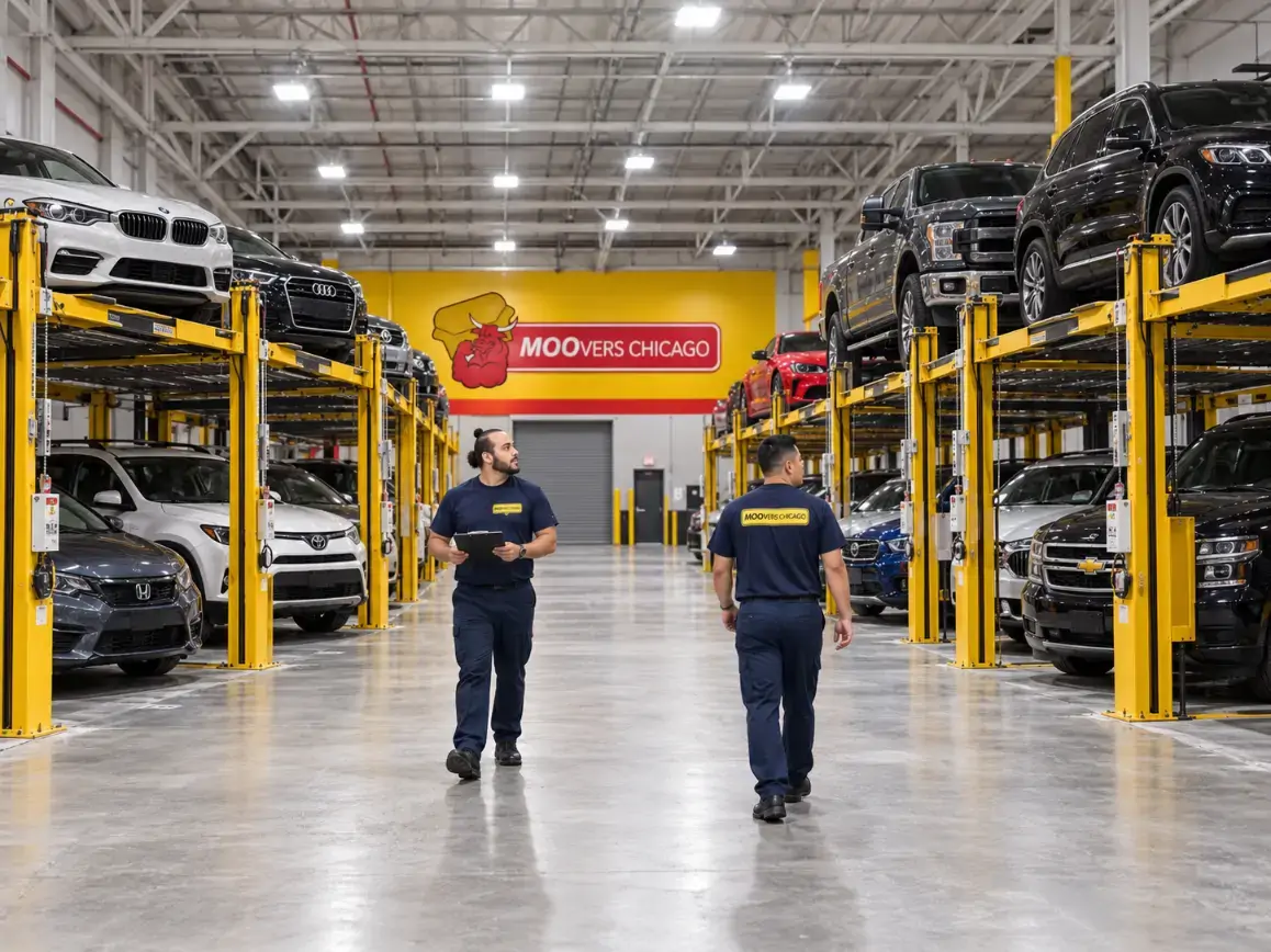 Two MOOvers Chicago team members walking between rows of parked vehicles at the car storage facility